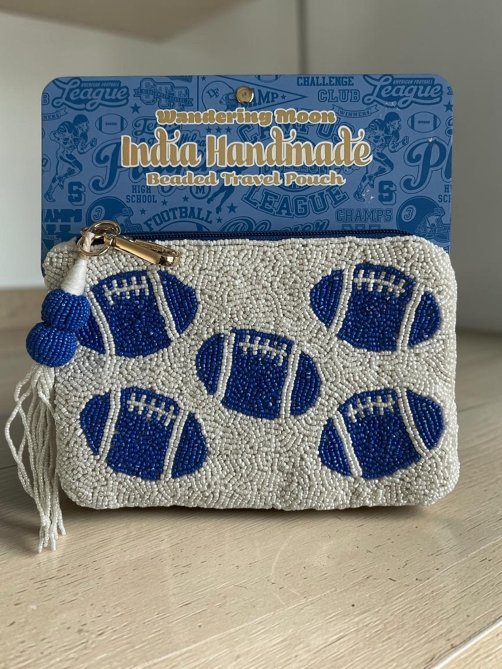 Wandering Moon Blue Football Beaded Travel Pouch Handmade Zip Bag - Picture 6 of 6